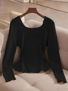 Franclia New Elegant V-Neck Design Solid Color Pullover Sweater For Women, Versatile For Autumn - Black - View 2
