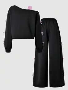 Sparklyn 2 件/套女孩超大休闲设计不对称肩带撞色天鹅绒蝴蝶结点缀长袖上衣和阔腿裤套装，适合春季、秋季、冬季的日常、通勤、休闲、度假、聚会、街头风格 - 黑色 - 查看 6