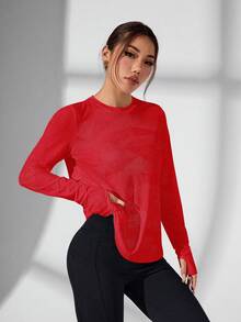Easithlete Easithlete 女士纯色简约长袖休闲运动T恤 红色健身上衣 长袖健身上衣 女式长袖运动衫 露背健身上衣 女式健身上衣 - 紅色 - 查看 4