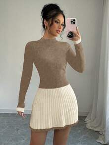SHEIN Clasi 秋冬新款复古拼布修身针织毛衣裙 - 卡其色 - 查看 7