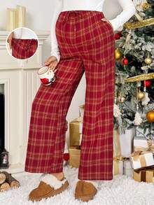 SHEIN Christmas Autumn And Winter Maternity Casual Plaid Straight Leg Pants, Autumn/Winter Plaid Pants Red Plaid Pants Pajama Pants Wide Leg Pants Checkered Pants - Red - View 1