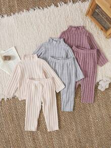 SHEIN 3 件套女婴罗纹高领毛衣套装，秋冬实用组合装，家居服 - 彩色 - 查看 1