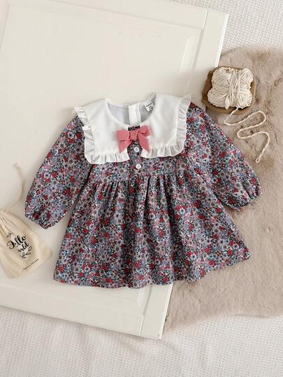 SHEIN 碎花领甜美女婴连衣裙，田园可爱风，秋冬外套领蝴蝶结印花连衣裙