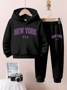 2 件套美国纽约年轻男孩宽松休闲简约连帽运动衫，适合秋冬季 - 黑色 - 查看 3