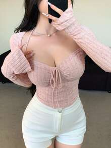 DAZY 纹理条纹和波尔卡圆点抽绳领口喇叭袖高开衩修身运动上衣，粉色女式长袖 T 恤，适合秋季、春季、新年、圣诞节 - 粉色 - 查看 8