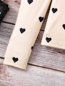 SHEIN Emery Rose Kids 少女心形图案方领羊腿袖休闲T恤 - 杏色 - 查看 6