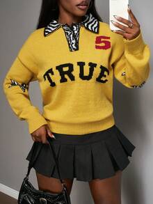 Slaydiva 2025秋冬新款休闲街头宽松黄色字母斑马纹长袖polo领女式毛衣，适合返校、锐舞派对、万圣节、圣诞节、外出、生日、早午餐、聚会、日常、夜店等场合，性感百搭。 - 彩色 - 查看 6