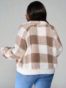 SHEIN PETITE CURVE Plus Size Women's Plaid Long Sleeve Short Plush Jacket, Fall And Winter,Women Jacket ,Fall Women Jackets,Going Out Tops,Flannels Women,Business Casual Women,Plaid Jacket,Wedding Guest,Winter Plus Size Brunch Plus Size Winter Plus Size Casual Plus Size Fall Jacket - Apricot - View 2