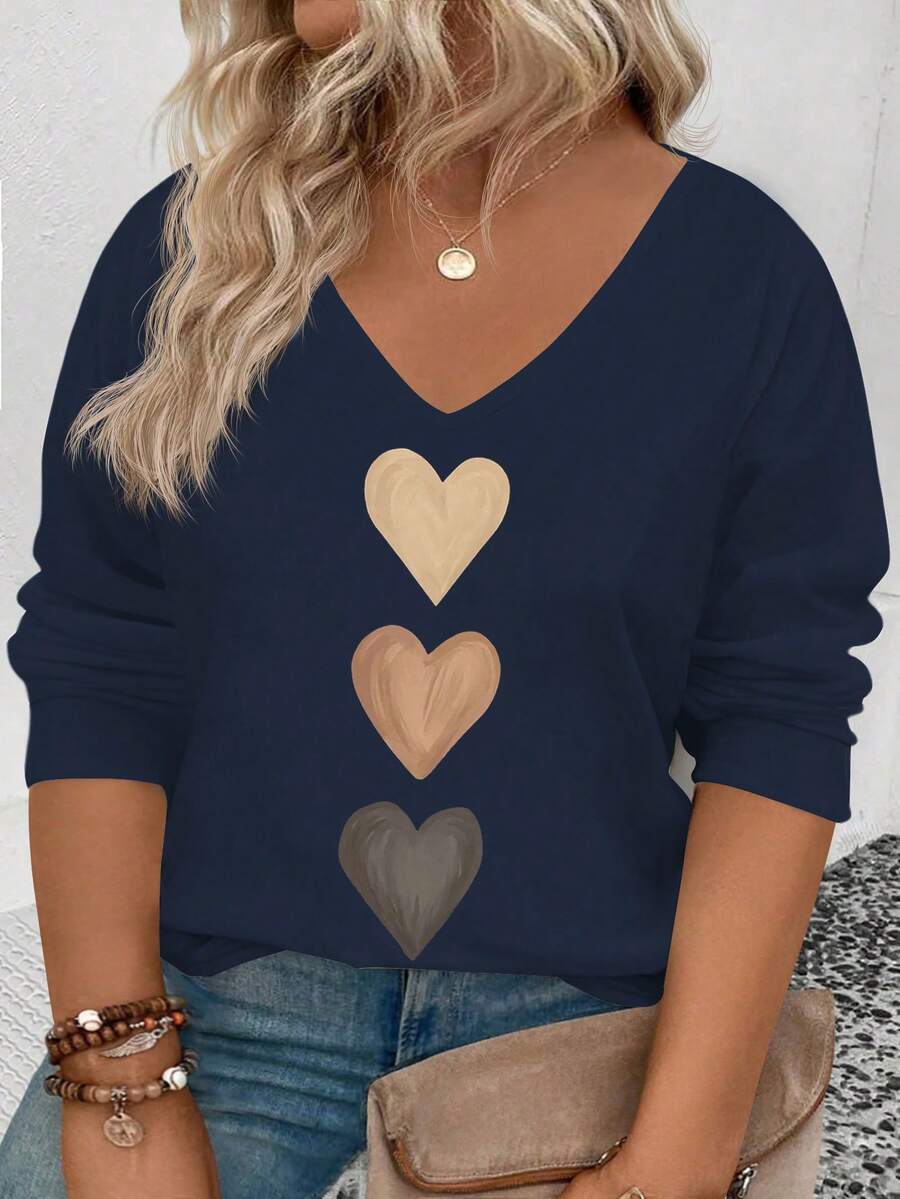 EMERY ROSE Women's V-Neck Gradient Heart Print Casual Long Sleeve T-Shirt, Versatile, Autumn/Winter New Arrival - Navy Blue - View 1