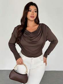 Firerie Plus Size Women Elegant Plunging Neck Long Sleeve Mesh Sheer Fitted Sexy Blouse/Plus Size Mesh T-Shirt, Suitable For Valentine's Day, Concert, Performance, Date, Formal Dinner, Prom, Wedding Season, Sexy, Elegant, Commute, Back To School, Vacation, Beach, Romantic, Office Diva, Mermaid Style, Birthday Party Brown Spring - Coffee Brown - View 8