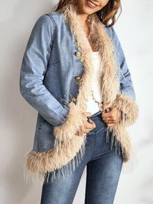 EMERY ROSE Women's Regular Shoulder Long Sleeve Fur Collar Fashion Versatile Denim Jacket - Blue - View 4