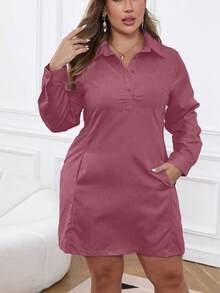 Calvaya Plus Size Casual Solid Color Button Half-Placket Dress, Autumn - Red Violet - View 3