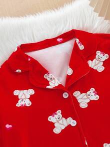 2件套少女休闲可爱小熊图案长袖上衣和长裤套装 - 紅色 - 查看 6