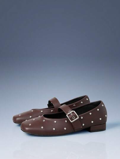 CUCCOO GRLICON Women's Pearl Rivet Flat Mary Jane Shoes, Versatile Slip-On Loafers For Halloween, Christmas, Party Outfits