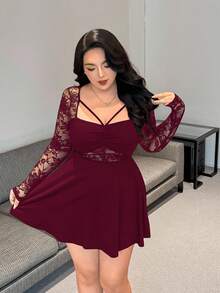 Váy Vibekara cỡ lớn gợi cảm cho nữ, dáng chữ A, tay dài, xếp ly, cổ điển, lãng mạn, ôm sát, tối giản, thích hợp mặc hàng ngày, đi học lại, sinh nhật, tiệc tùng, khách dự tiệc cưới, tiệc cocktail - Màu Đỏ Sâu - Xem 5