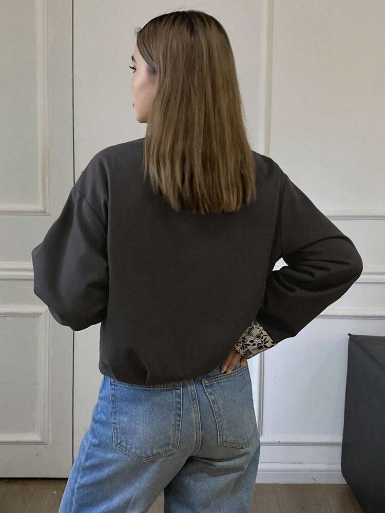 Women's Casual Elegant Loose Solid Color Round Neck Zipper Patchwork Lace Jacket, Autumn/Winter