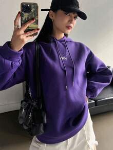 DAZY 女士标语印花连帽衫、长袖上衣、秋季女装运动衫 - 紫色 - 查看 3