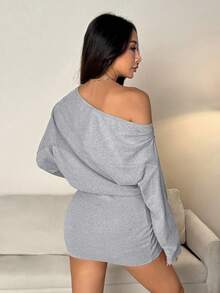 SHEIN PETITE Đầm ôm sát tay dài trễ vai bằng cashmere mới cho mùa xuân hè dành cho nữ, phong cách Y2K, thời trang đường phố. - Xám - Xem 6