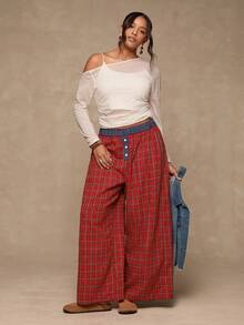 SHEIN VCAY Pantalon ample en flanelle rouge à carreaux de Noël pour femmes grandes tailles, doux et confortable. Idéal pour l'automne/hiver - Rouge - Voir 4
