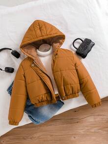 Chaqueta casual con capucha de invierno de unicolor y cremallera delantera de manga larga para niña preadolescente