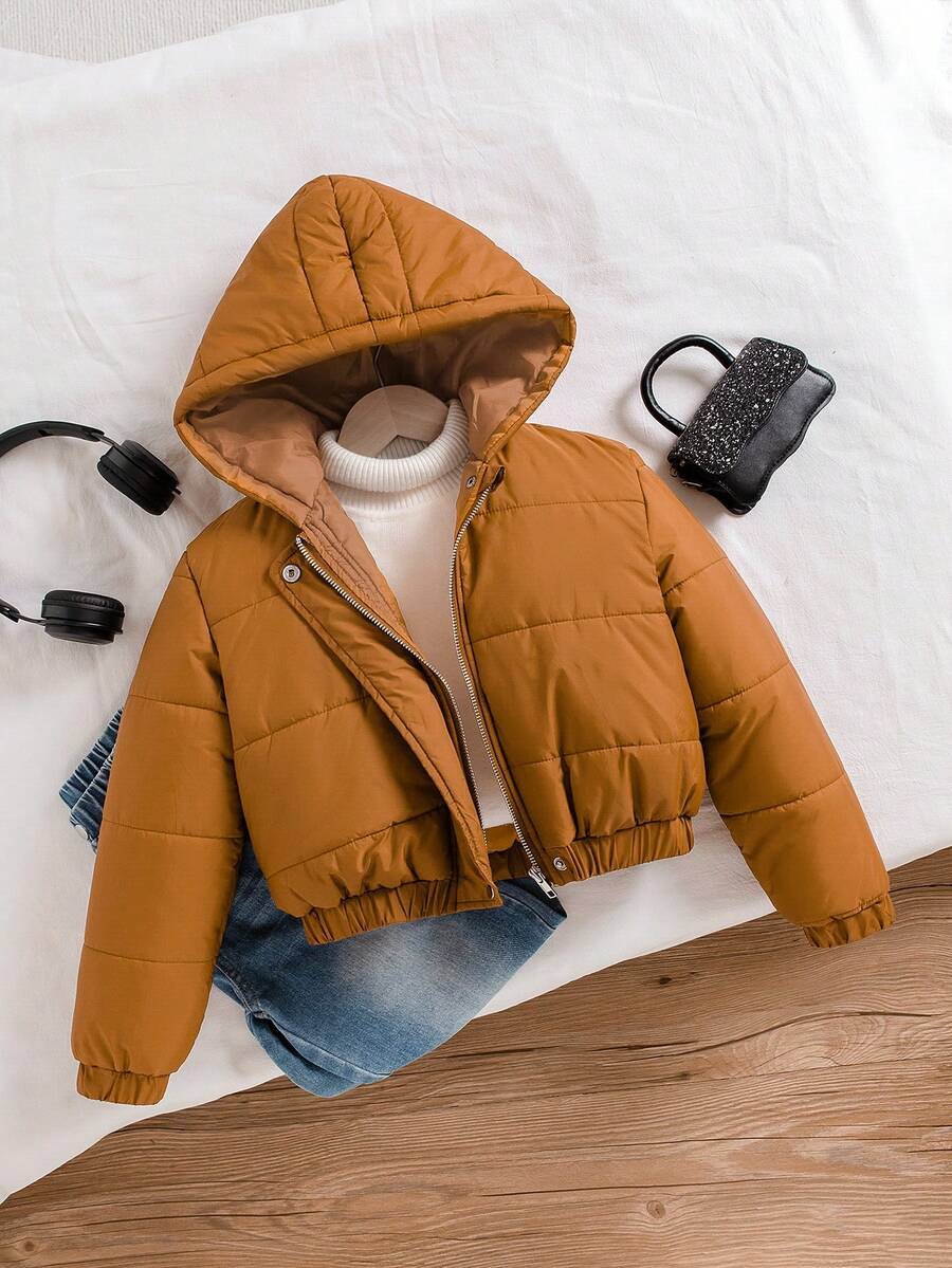 Chaqueta casual con capucha de invierno de unicolor y cremallera delantera de manga larga para niña preadolescente