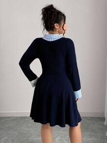 Elenzga 大码条纹拼接领针织连衣裙，秋冬季万圣节女式连衣裙，蓝色哺乳连衣裙，保暖彼得潘领连衣裙，长袖连衣裙，孕妇装，秋冬季针织V领连衣裙，女士秋冬季连衣裙，条纹领连衣裙 - 藏蓝色 - 查看 2