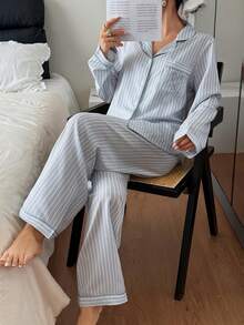 Women's Striped Heart Patchwork Collar Top & Pants Pajama Set Striped Pajama Set Striped Lounge Set Pajamas Set Two Piece Lounge Wear Set Light Blue Pj Set, Winter Clothes - Baby Blue - View 3