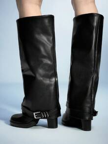 Sugerpunk Women's Buckle Decor Round Toe Chunky Heel Faux Platform Knee-High Boots - Black - View 5