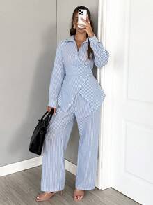 SHEIN LUNE Women's Striped Long Sleeve Button Design Shirt And Wide Leg Pants Casual 2 Pieces Set Setup Autumn Winter Women - Blue and White - View 4