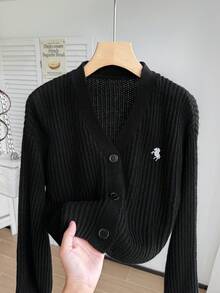 SHEIN 1 pièce Cardigan court oversize à col en V pour filles, veste en tricot noire ample à manches longues de style minimaliste mode avec motif de broderie de cheval, épaisseur régulière, ourlet et poignets soignés, couleur unie, polyvalent pour le port quotidien, la maison, les rassemblements, automne/hiver - Noir - Voir 10