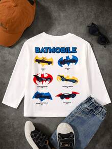 BATMAN X SHEIN Young Boy Casual Oversized Round Neck Drop Shoulder Long Sleeve Loose Knit White T-Shirt