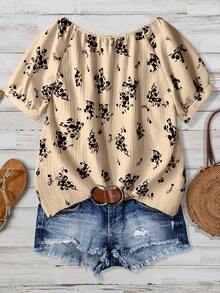 SHEIN LUNE 女式梭织印花夏季休闲衬衫 - 杏色 - 查看 2