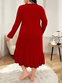 SHEIN Plus Size Comfortable Knit Nightgown With Bow Decor Collar And Ruffle Hem, Winter - Red - View 2
