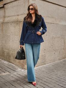 Selenza Women's Fur Collar Long Sleeve Waist Buckle Design Fashion Denim Jacket - Blue - View 6