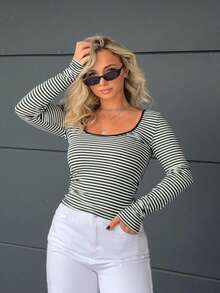 Jeta Ari Camiseta de manga larga de ajuste ceñido a rayas para mujer, top sin espalda, top halter, ropa de otoño - Negro - Ver 4