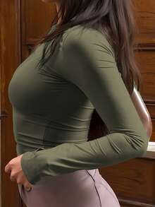 INAWLY 女式纯色圆领长袖修身休闲T恤 - 軍綠色 - 查看 3