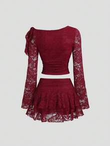 Sweetra Set de 2 piese: Fustă midi elegantă, versatilă, din dantelă și decor metalic, Y2K, roșie de Crăciun, toamnă - Burgundia - Vizualizare 2