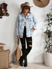 EMERY ROSE 纽扣蓝色前盖口袋落肩牛仔夹克 - 淺色水洗藍 - 查看 7