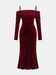Girlism 青少年女孩优雅纯色酒红色露肩荷叶边袖修身美人鱼长裙，圣诞节 - 酒紅色 - 查看 2