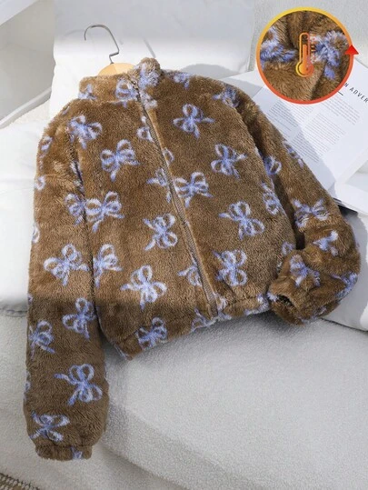 SHEIN 女孩可爱蝴蝶结和人造毛皮拉链夹克，适合冬季、日常、上学、旅行和户外穿着