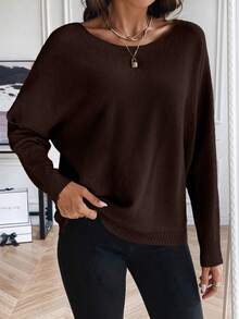 SHEIN LUNE Sweater Longgar Lengan Panjang Leher Bulat Model Batwing Warna Polos Kasual untuk Wanita, Musim Gugur/Dingin - Coklat - View 5