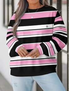 EMERY ROSE Sudadera de talla grande con estampado de bloques de color a rayas de estilo minimalista casual, adecuada para otoño/invierno - Multicolor - Ver 5