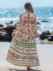 Sylviya Đầm dài tay cổ chữ V dây rút họa tiết hoa nhiều màu sắc dành cho nữ, thích hợp cho mùa xuân/hè, đầm họa tiết da báo, đầm chống nắng cho nữ, đầm đi nghỉ mát mùa thu, đầm phong cách boho chic, đầm đi nghỉ. - Nhiều màu - Xem 2