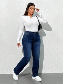 SHEIN CURVE+ 大码休闲水洗修身弹力牛仔裤 - 藍色 - 查看 4