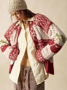 Bohemela 波西米亚风秋冬外套，女士圣诞红色休闲宽松樱桃图案落肩长袖超大款开衫，西部乡村风格音乐会度假装扮，适合度假、日常穿着、返校和外出，圣诞节 - 彩色 - 查看 6