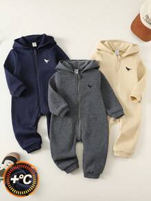 SHEIN 3pcs Baby Boy/Girl Grey Brushed Thick Knit Loose Hooded Long Sleeve Jumpsuit & Pants Set, Soft & Versatile For Indoor & Outdoor, Autumn/Winter Baby Boy Winter Jumpsuit Dinosaur Print Baby Jumpsuit - Multicolor - View 2