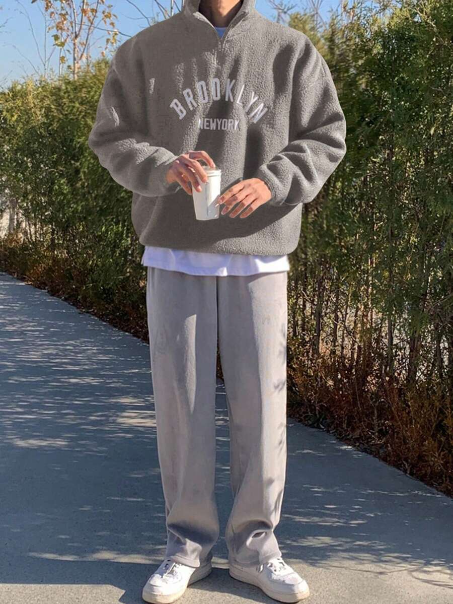 DAZY 男士秋季字母刺绣灰色半拉链羊毛套头衫 - 灰色 - 查看 1