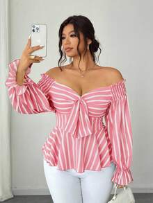 Elenzga 大码露肩长袖休闲度假衬衫 - 藕粉色 - 查看 5