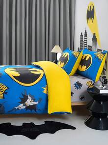 BATMAN X SHEIN 3pcs Blue Bat Cartoon Pattern Quilt Cover Set, Sanded Material, Soft And Warm, Multiple Sizes, Suitable For Single Bed/Double Bed/Queen Bed/King Bed