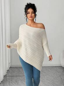 Elenzga Plus Size Asymmetrical Gigot Sleeve Loose Knit Sweater, Solid Color, Off-Shoulder, Winter - Beige - View 5
